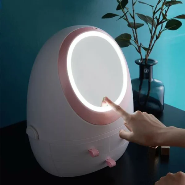 Oval Mirror Cosmetic Storage Organizer | LED Light Makeup Storage Box