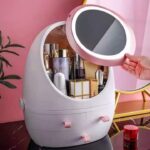 Oval Mirror Cosmetic Storage Organizer | LED Light Makeup Storage Box