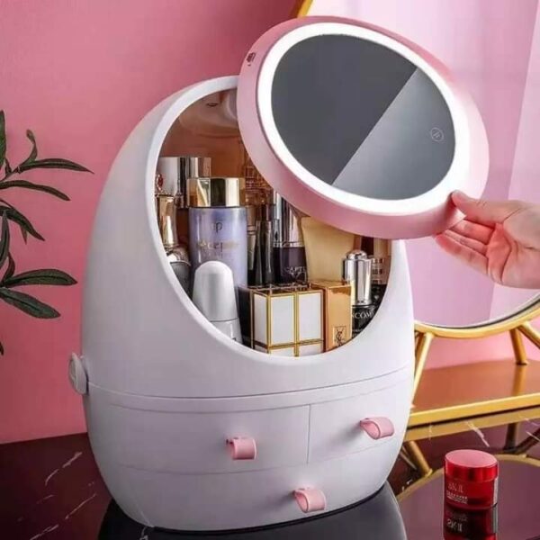 Oval Mirror Cosmetic Storage Organizer | LED Light Makeup Storage Box