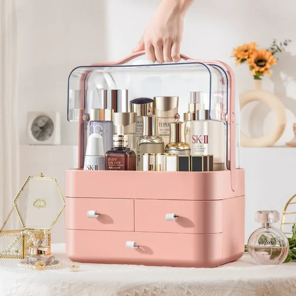 Premium Dustproof Makeup Organizer with Handle & Drawers – Portable Cosmetic Storage Box