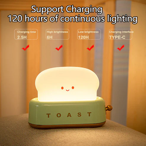 Cute Toast Night Light with Adjustable Brightness – Bedside & Kids Room Lamp